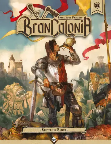 The cover of the Brancalonia setting book, featuring an adventurer trying to get drunk.