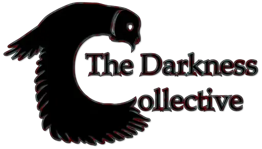Text "The Darkness Collective" black fill with red & blue blotchy outline. The capital "C" in Collective is combined with the silhouette of an owl flapping its wings downward.