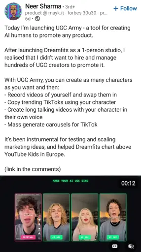 guy promoting his AI tool that makes multiple deepfaked people read the same script to make something go viral