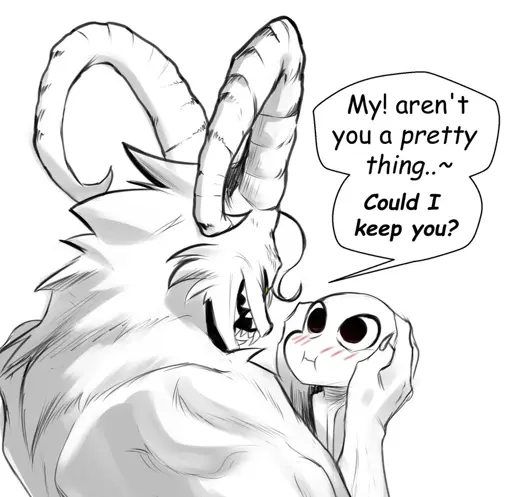 A demon person with yellow in black eyes and sharp teeth is gently-firmly grabbing someones face and says "My! Aren't you a pretty thing..~ Could I keep you?" The person being grabbed blushes.