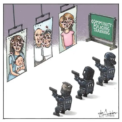 ICE agents in a shooting range aiming at photos of families. 