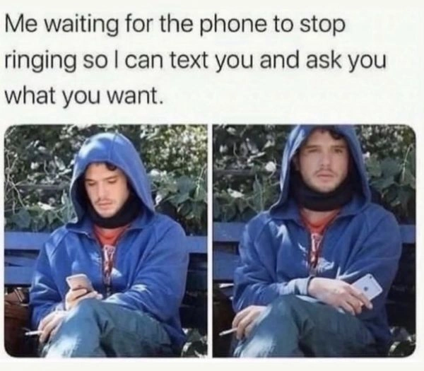 me waiting for my phone to stop ringing so I can text you. kit Harrington in a blue.coat looking bored