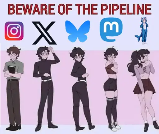 The “beware of the pipeline” meme template with social media logos replacing the he/him to she/her that was part of the original. The logos displayed left to right are of Instagram, Twitter, Bluesky, Mastodon and Sharkey.