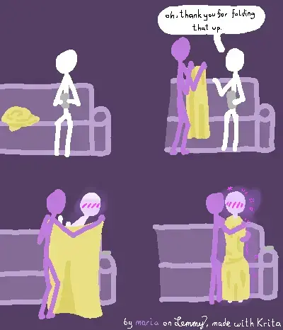 four panel digital illustration. first a white figure sits on a sofa, looking at their phone with an unfolded yellow blanket next to them. next, a standing lilac figure appears and picks up the blanket, holding it out. the white figure points and says "oh, thank you for folding that up". next, the lilac figure stretches the blanket over the white figure, almost hiding the white figure completely. you can only see the white figures head poking out and being flustered a bit. finally, the white figure is wrapped up completely in the yellow blanket and the lilac person is sitting with them and hugging them in their blanket. white figure appears blushy with a pink aura and sparkles around their body indicating excitement.