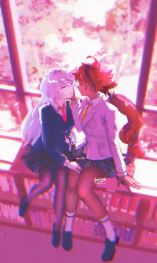 Suletta and Miorine sitting on top of a bookcase, preparing to kiss each other.
