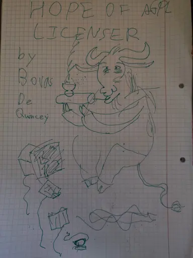 A gnu hopped up on opium levitating in front of a broken computer monitor, broken computer keyboard, and a croaked computer mouse.