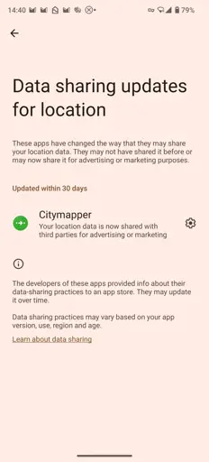 Screenshot of Android warning about Citymapper's new abuse of user location data. It reads "Citymapper. Your location data is now shared with third parties for advertising or marketing".