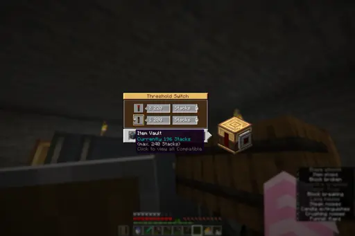 The user interface of a Threshold Switch from the Minecraft Create mod. It shows that the targeted inventory has 196 out of 240 slots full. 