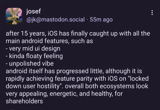 A screenshot of a toot on Mastodon. I have copied and pasted the text by the Mastodon user in the body of this Lemmy post.