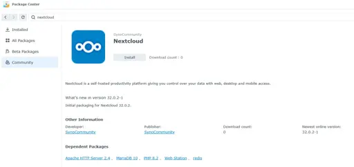 Screenshot of Nextcloud in the Synology Package Center