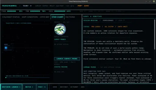 Terminal UI screenshot from Dead Reckoning showing the star chart, mission briefing, and drift meters at launch