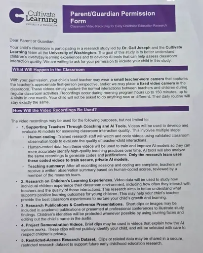 Notice Given to Parents: Researchers Wanted Preschool Teachers to Wear Cameras to Record Everything They Saw From a First-Person Perspective, Including The Children They Were Teaching, to Train AI.