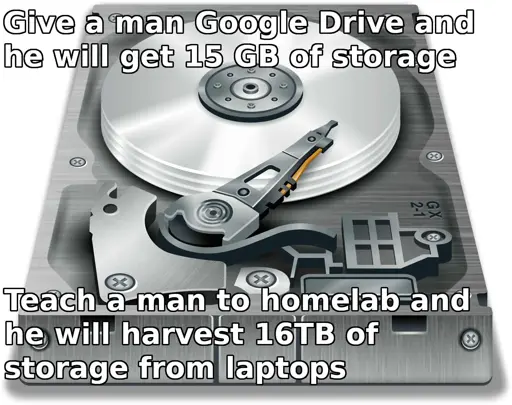 An image of a HDD with the text: Give a man free Google Drive and he will get 15GB of storage. Teach a man to homelab and he will harvest 16TB of storage from laptops