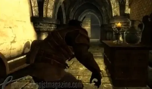 A Khajiit (cat person) in the Skyrim video game sneaking through a corridor.